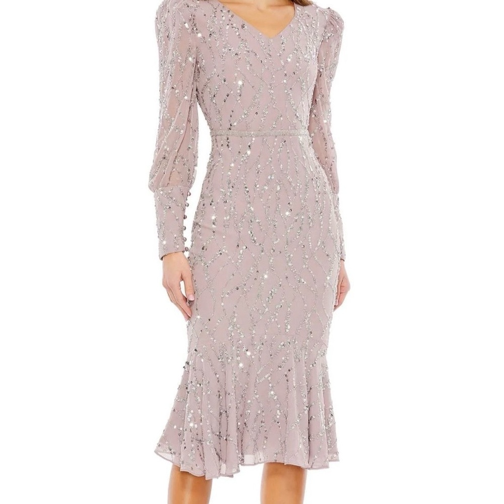 Mac Duggal Long Sleeve Dress in Lavender with Silver Accents